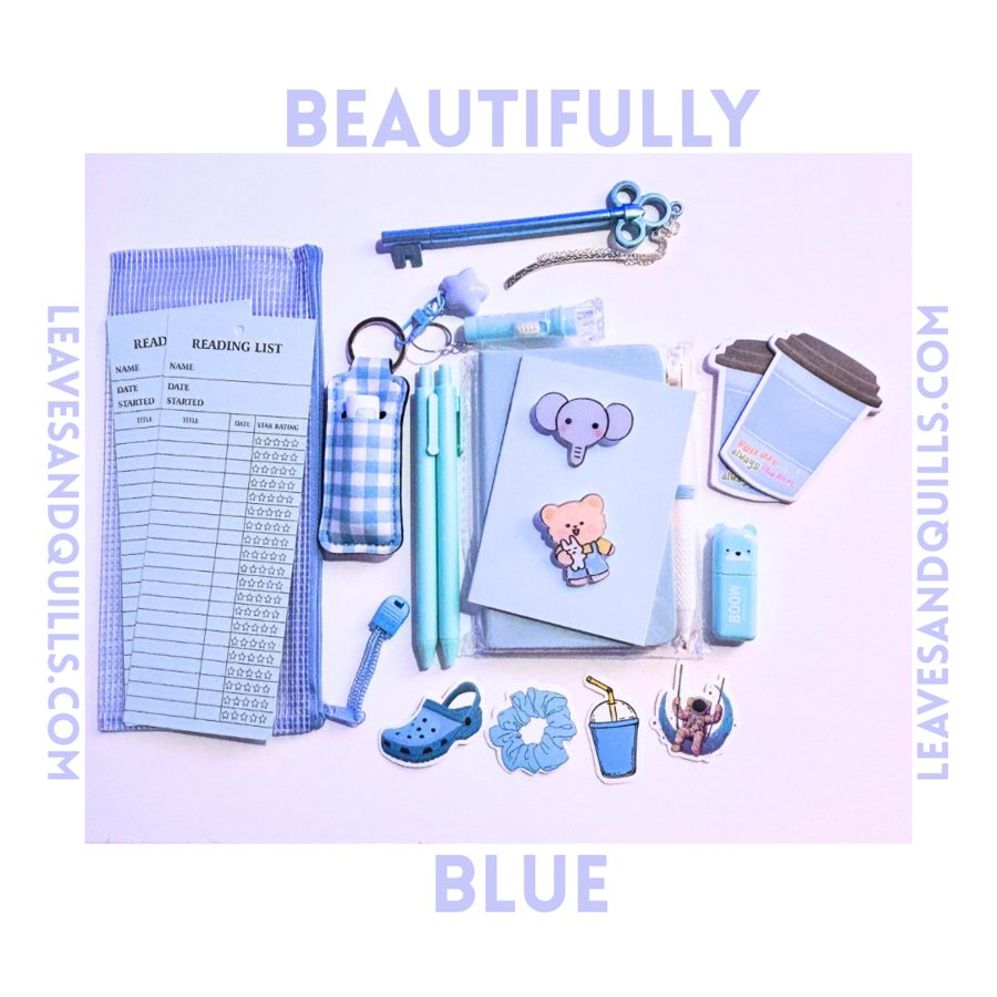 Beautifully Blue kit: reading list cards, key pen, gingham lip balm holder, pastel pens, notebook and stickers