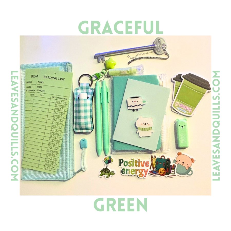 Graceful Green kit: reading list cards, key pen, gingham lip balm holder, mint pens, notebook and stickers