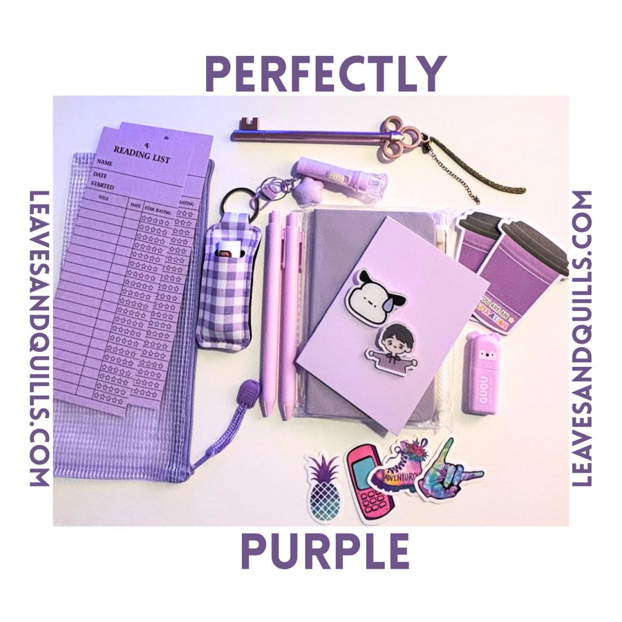 Perfectly Purple kit: reading list cards, key pen, gingham lip balm holder, lilac pens, notebook and stickers