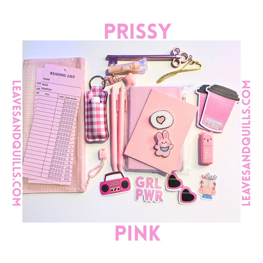 Prissy Pink kit: reading list cards, key pen, gingham lip balm holder, pink pens, notebook and stickers