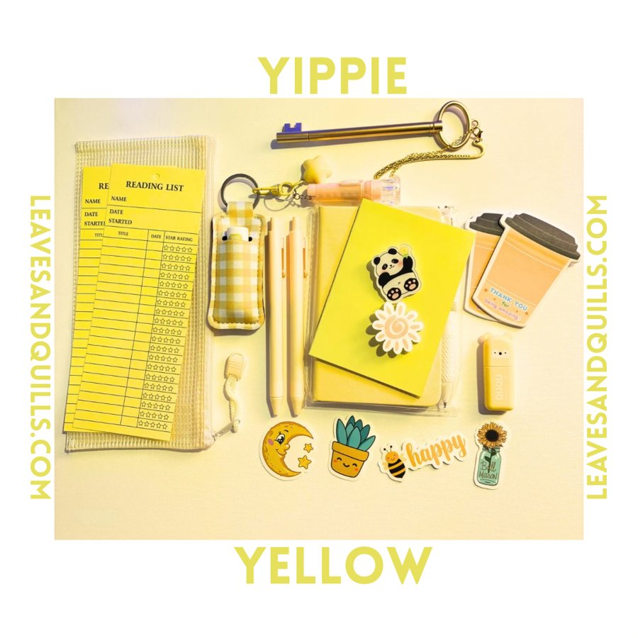 Yippie Yellow kit: reading list cards, key pen, gingham lip balm holder, butter-yellow pens, notebook and stickers